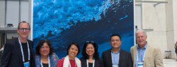 Group of conservation leaders at Our Ocean Greece event: Left to Right - Mr. Martin Callow (Regional Director, South-East Asian Archipelago, Wildlife Conservation Society), Ms. Rili Djohani (Advisory Member, Coral Triangle Conservation Fund), Ms. Boon Pei Ya (Regional Conservation Finance Programme Manager, South-East Asian Archipelago, Wildlife Conservation Society), Dr. Yang Mee Eng (CEO, Coral Triangle Conservation Fund), Dr. Chris Rotinsulu (Deputy Director of Coral Triangle initiative on Coral Reefs, Fisheries and Food Security Regional Secretariat), Dr. David Meyers (Executive Director, Conservation Finance Alliance) standing confidently in front of event banner.